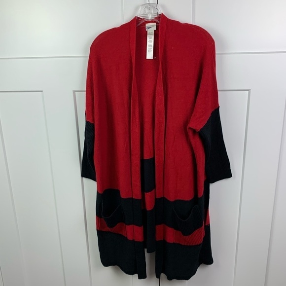 Chicos Small Medium Oversized Sweater Cardigan Knee Length Red Black Pockets - Picture 1 of 9